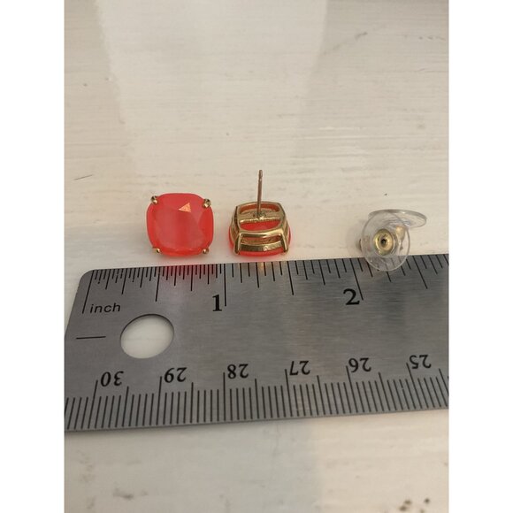 Coral Colored Square Stud Earrings With Gold Setting - Picture 3 of 3
